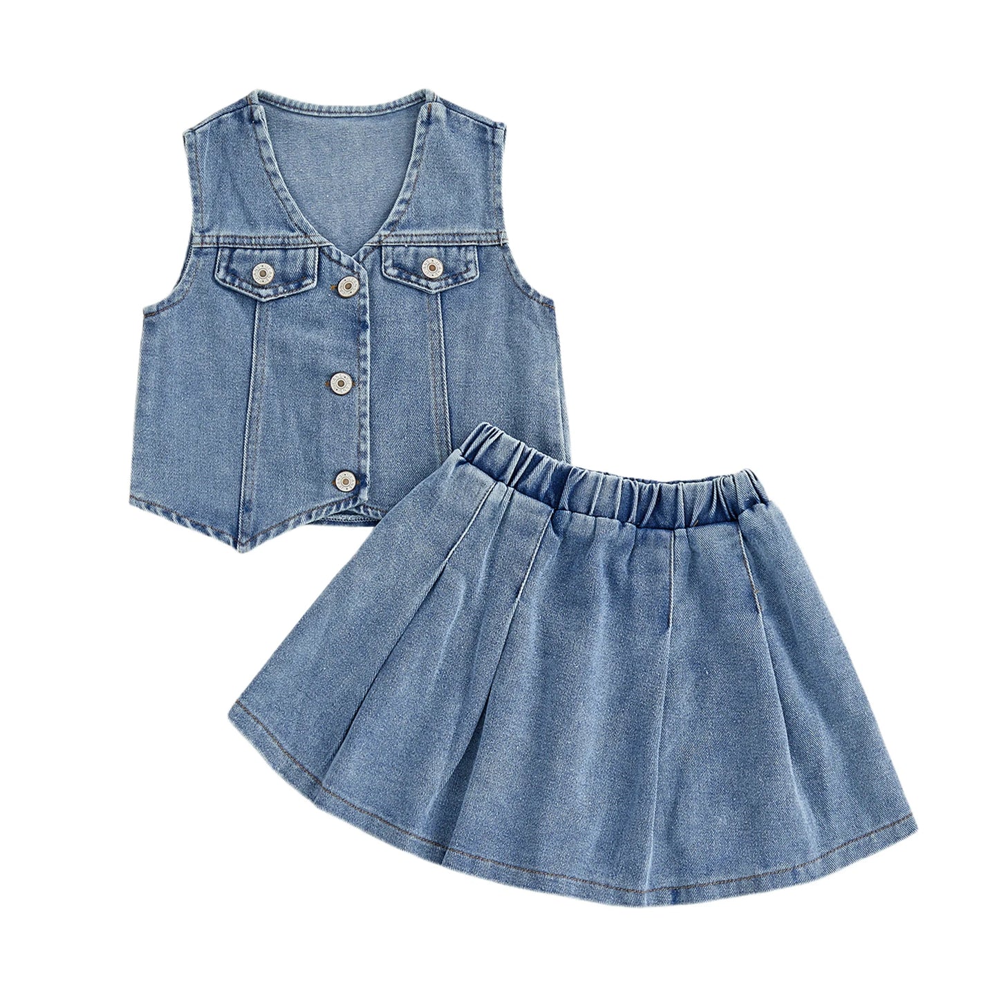 Toddler Kids Girls 2Pcs Denim Set Solid Color V-Neck Button Down Vest and Pleated Skirt 2 Piece Outfit