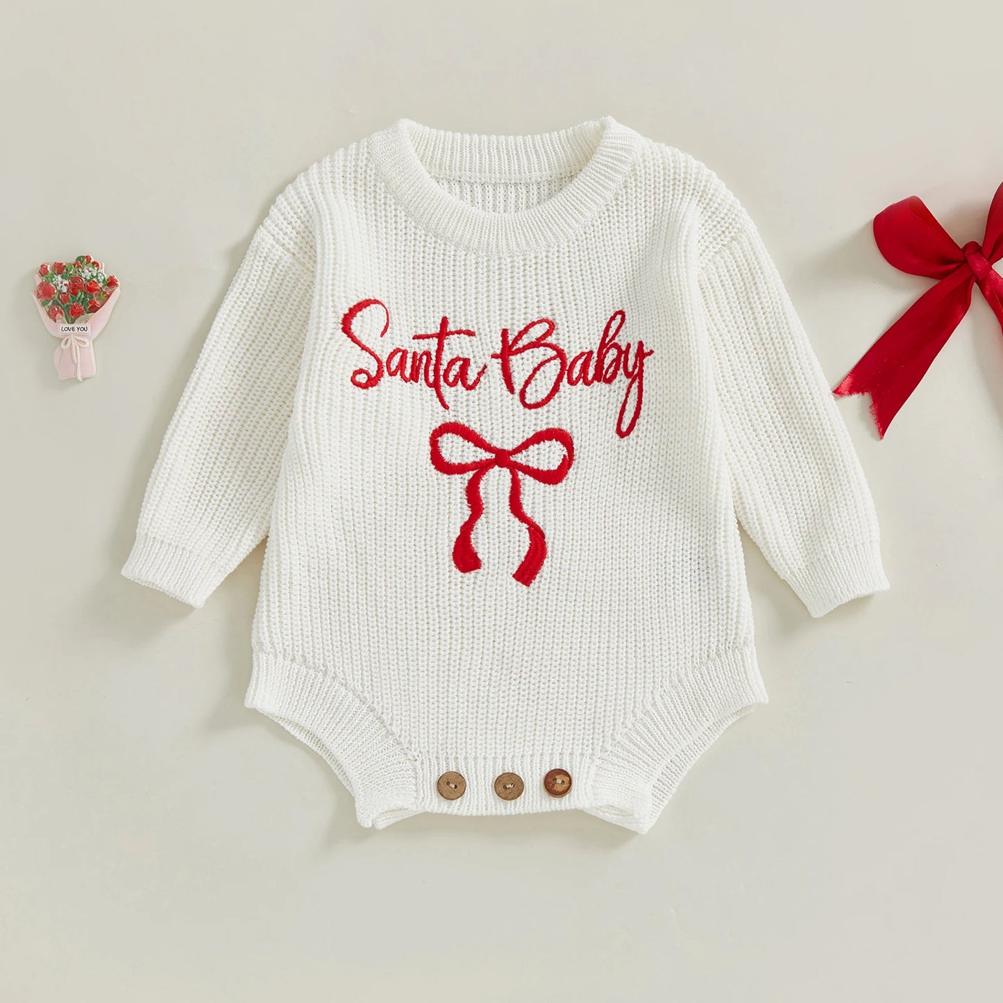 Baby Girl Santa Baby Christmas Romper Loose Fit Letter Bow Embroidery Ribbed Knit Long Sleeve Infant Winter Sweater