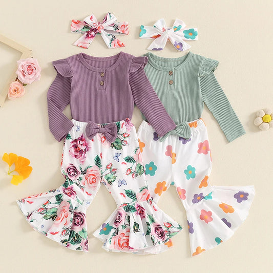 Baby Girls 3Pcs Fall Outfit Ribbed Long Sleeve Romper and Elastic Floral Print Flared Pants Headband Set