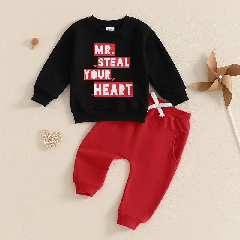 Baby Toddler Boys 2Pcs Mr. Steal Your Heart Outfit Long Sleeve Letters Print Crewneck Top with Pants Valentine’s Day Jogger Set