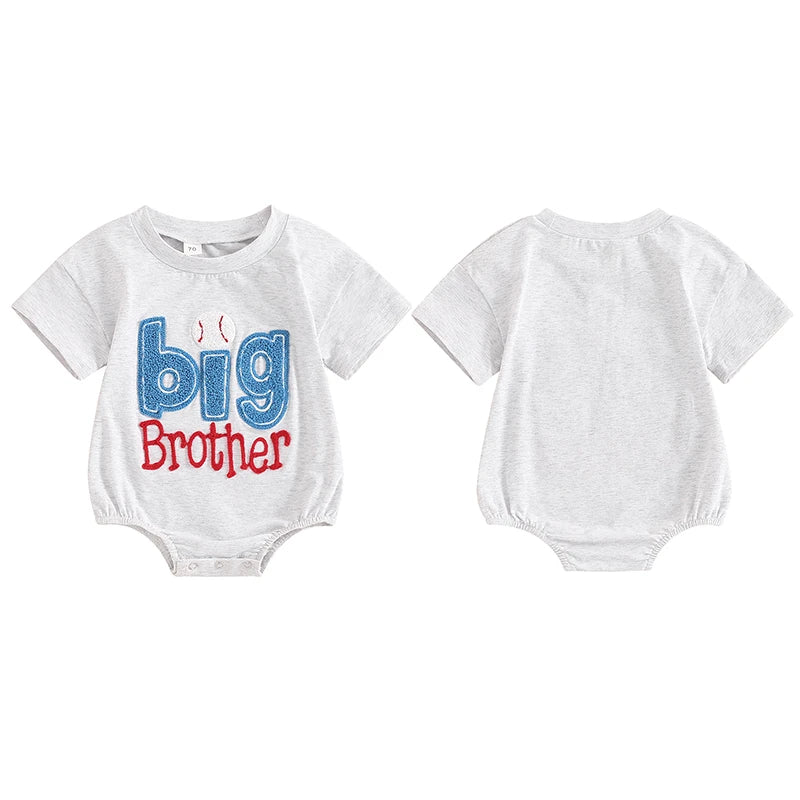 Baby Girl Boy Romper Short Sleeve Crew Neck Big Lil Bro Baseball Brother Big Sis Sister Letter Embroidery Bodysuit