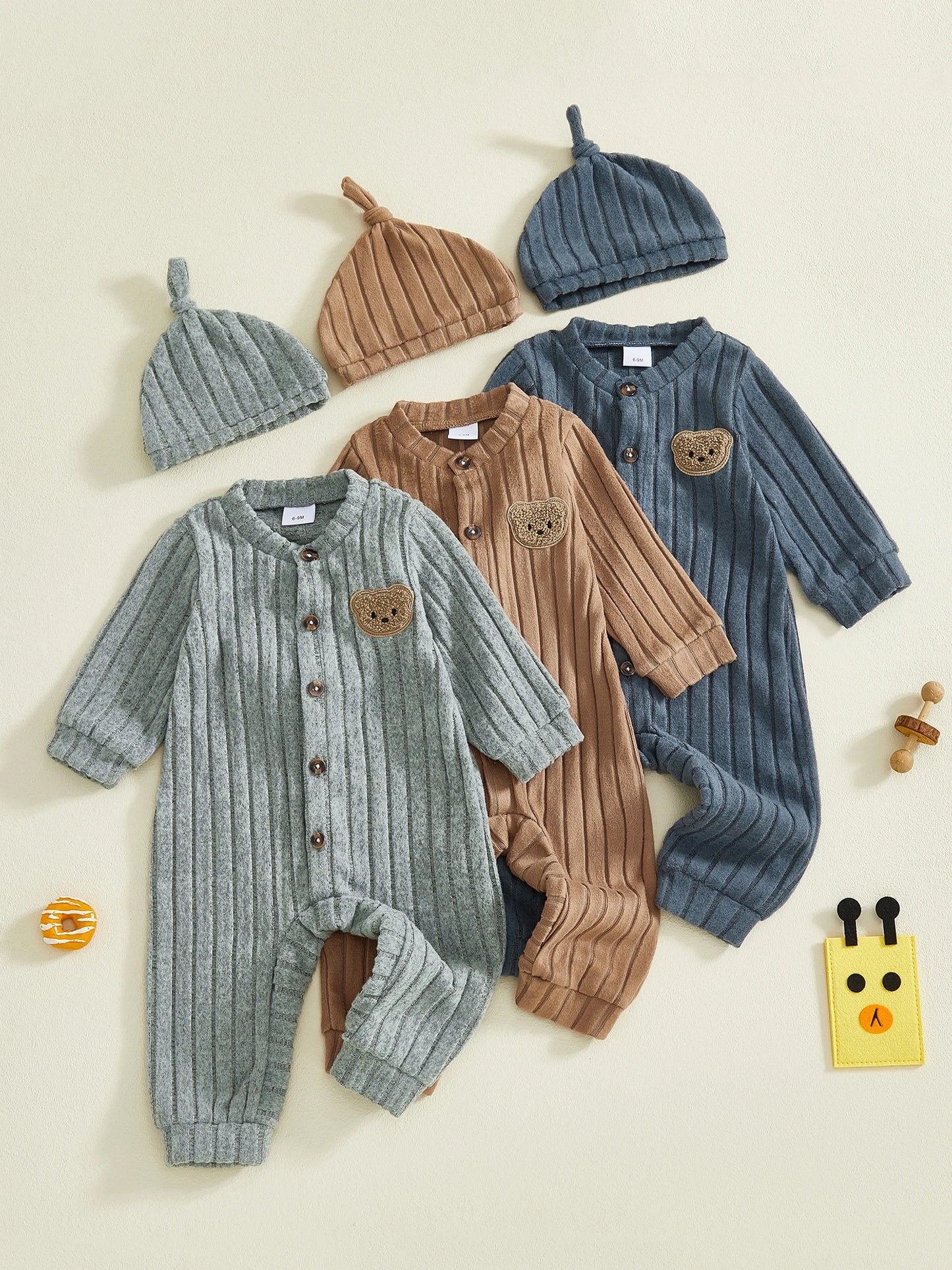 Baby Toddler Boy 2Pcs Jumpsuit and Hat Set Long Sleeve Bear Embroidery Button Down Romper with Hat Newborn Outfit