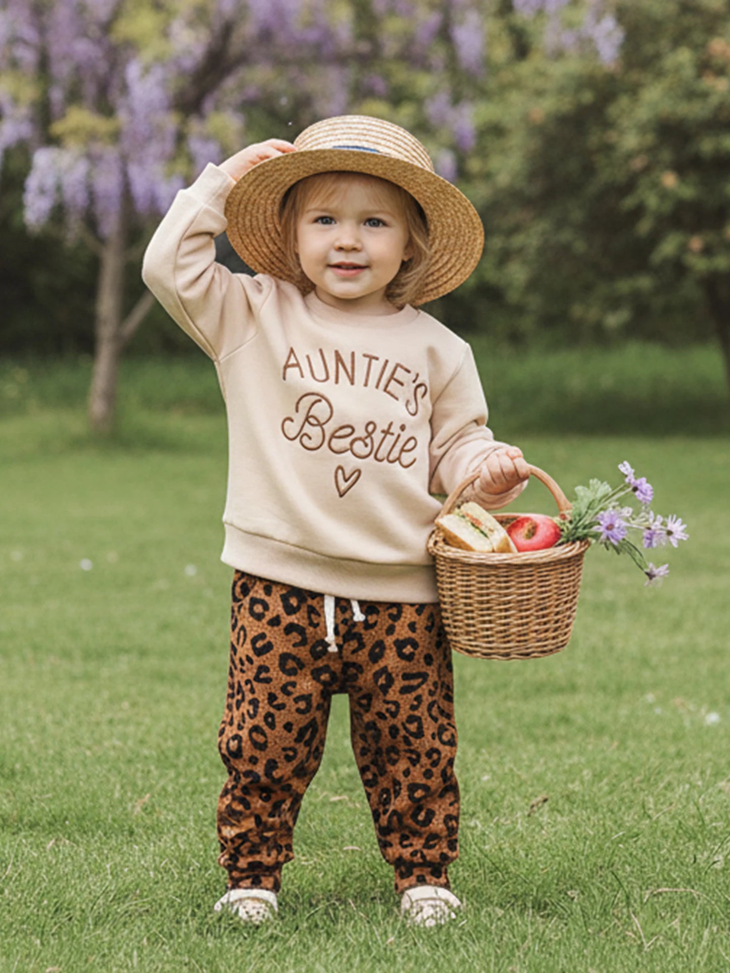 Baby Toddler Girls 2Pcs Auntie's Bestie Spring Outfit Letter Embroidery Long Sleeve Round Neck Pullover Top + Leopard Pants Jogger Set