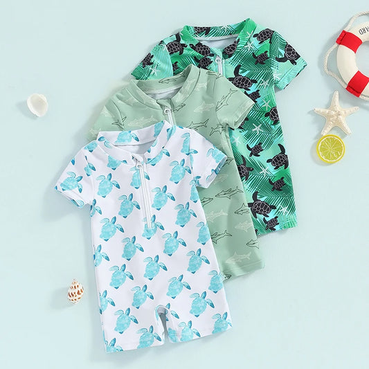 Baby Toddler Boys Summer Swimsuit Rompers Short Sleeve Turtle/Shark Print Zipper Bathing Suit Swimwear Romper