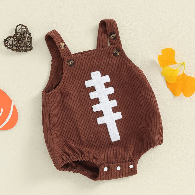 Baby Boys Girls Corduroy Overalls Sleeveless Football Embroidery Romper Fall