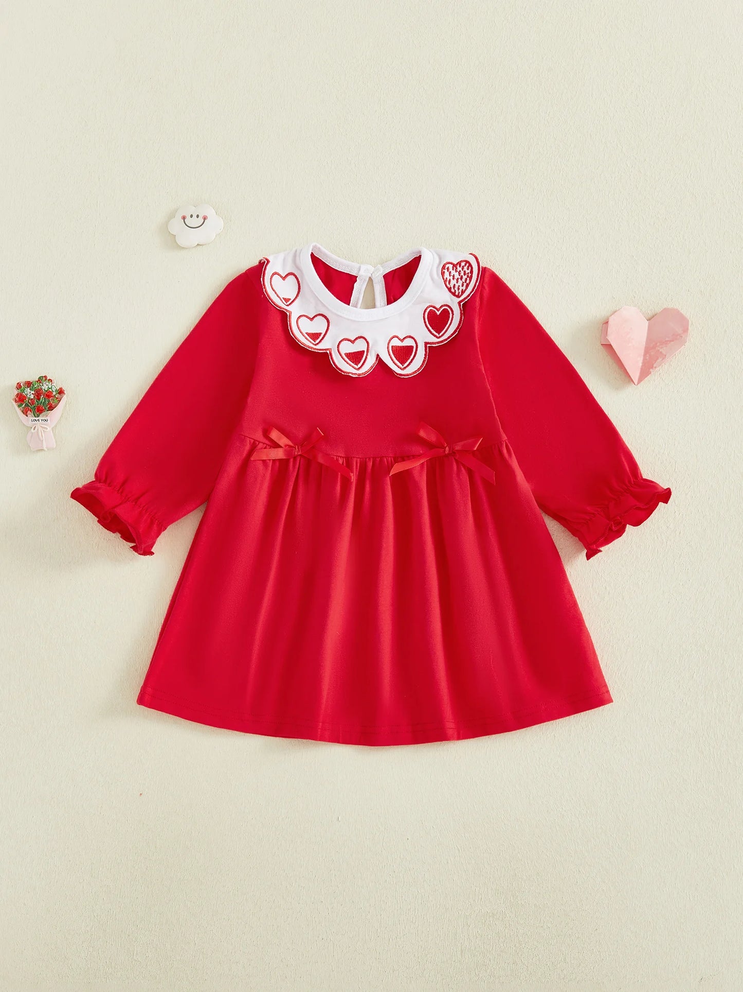 Baby Toddler Girls Valentine's Day Dress Heart Embroidery Collar Bow Decorated Long Sleeve Round Neck Dress