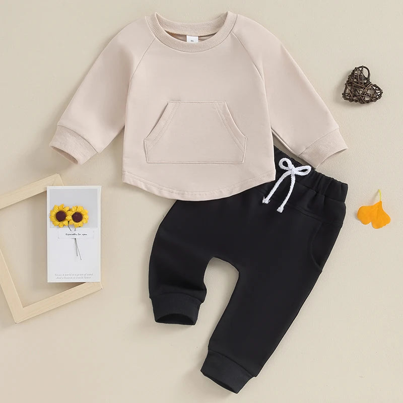 Toddler Baby Boy Girl 2Pcs Long Sleeve Solid Color Top Elastic Pants Set Outfit Tracksuit