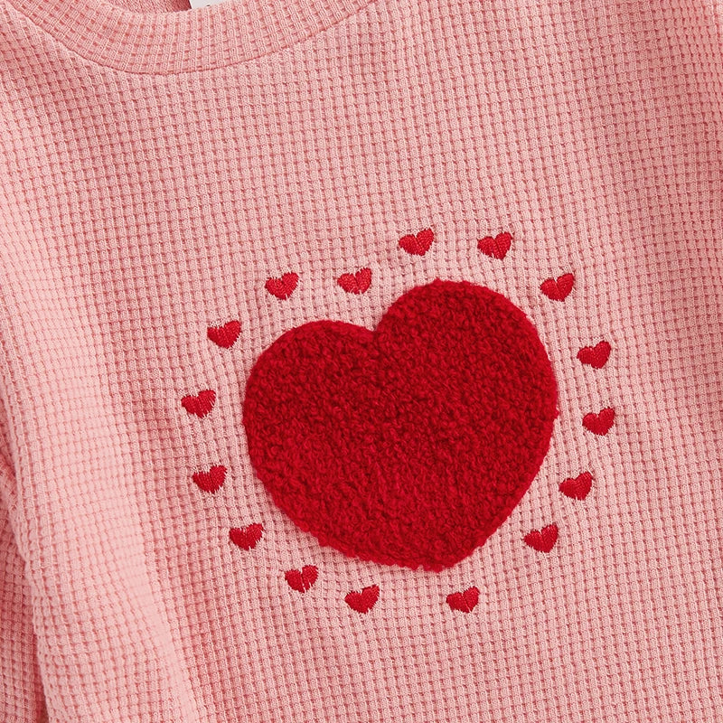 Baby Toddler Girls Waffle Romper Heart Valentines Embroidery Long Sleeve Jumpsuits Valentine's Day