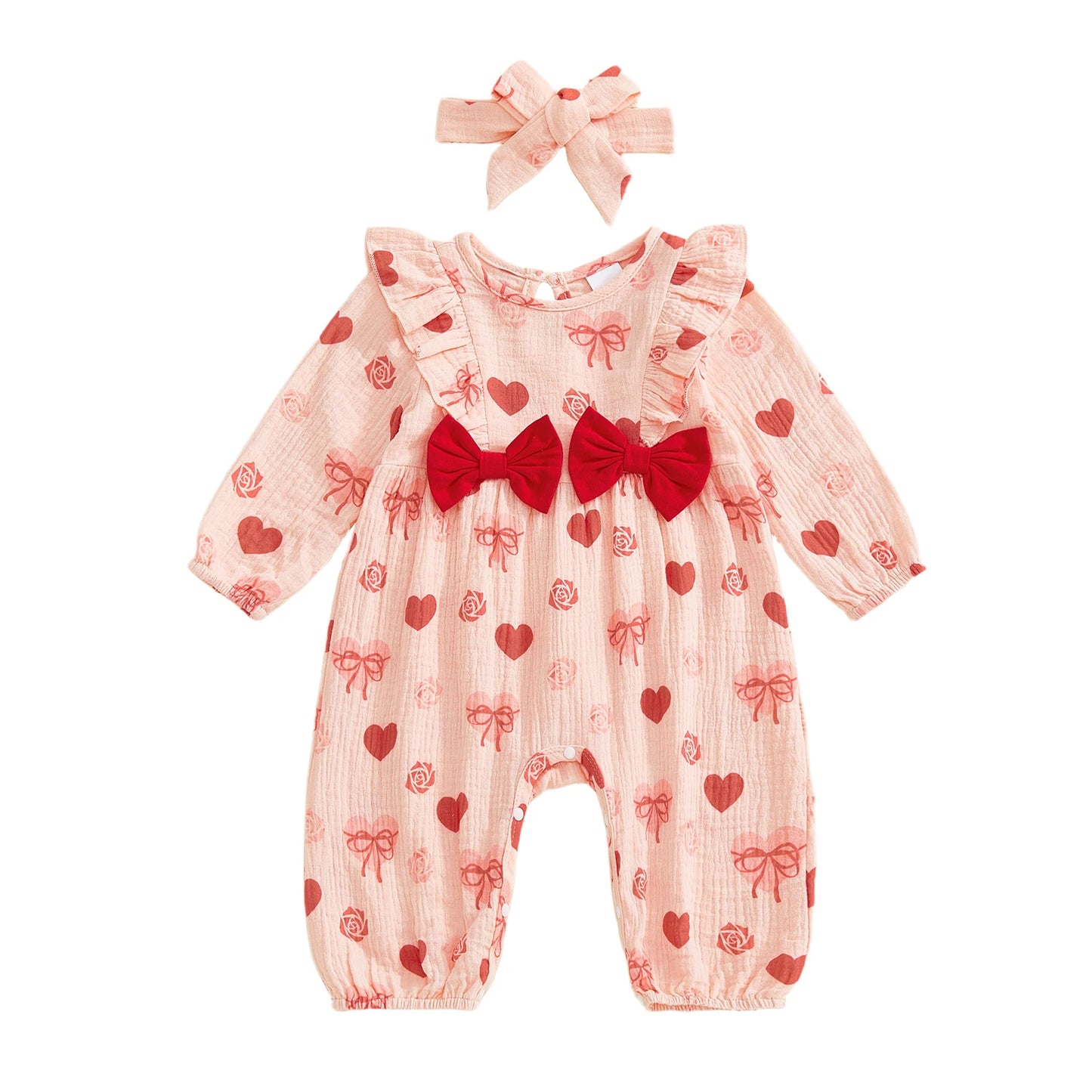 Baby Girl 2Pcs Valentine's Day Outfit Long Sleeve Round Neck Heart Print Jumpsuit Romper with Headband Set