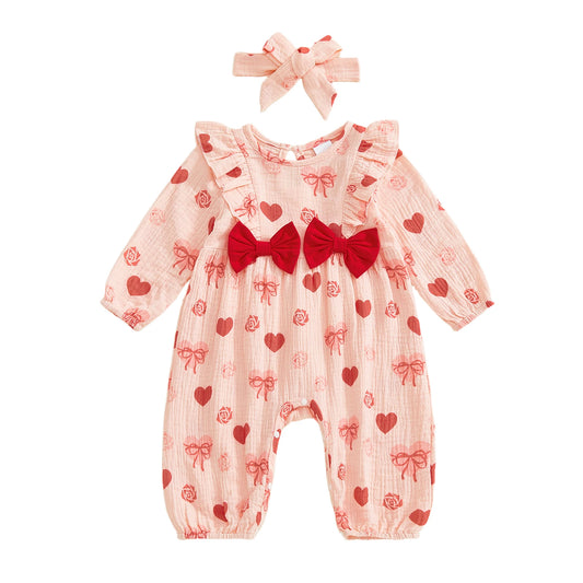 Baby Girl 2Pcs Valentine's Day Outfit Long Sleeve Round Neck Heart Print Jumpsuit Romper with Headband Set
