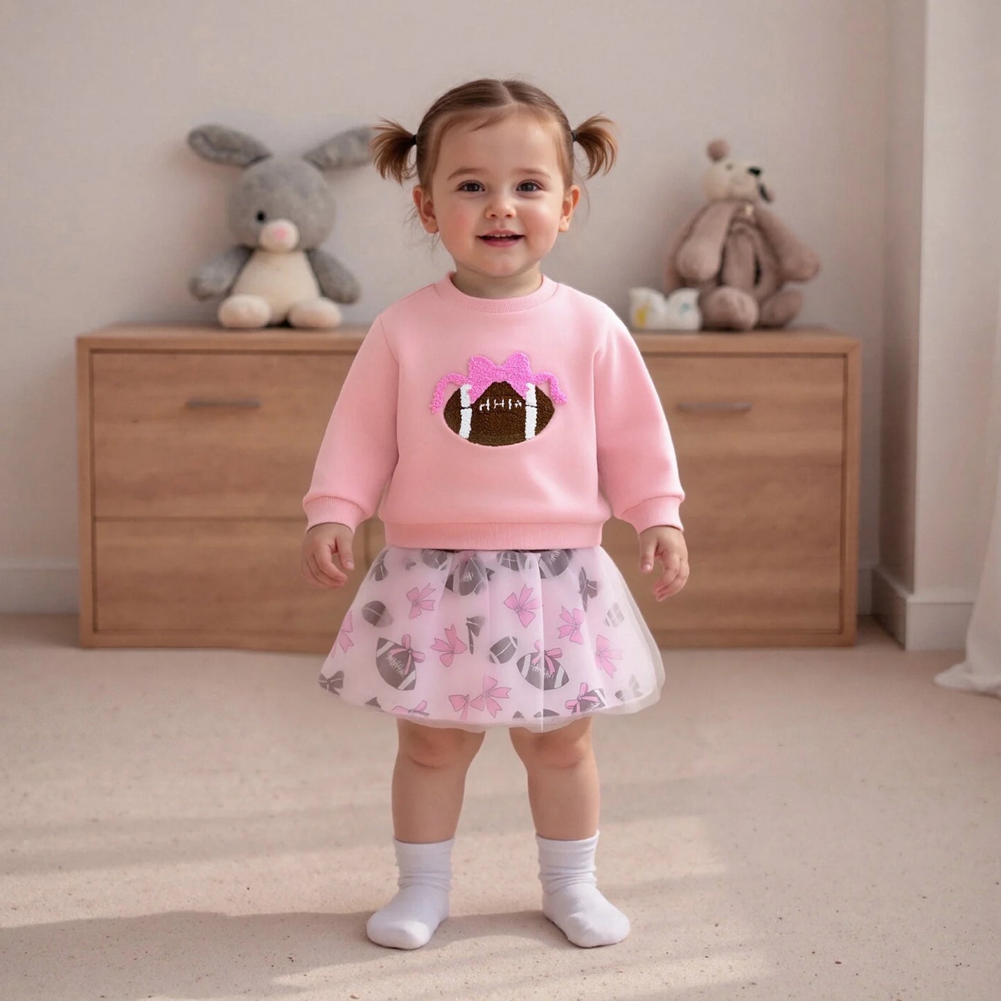 Baby Toddler Girl 2Pcs Fall Outfits Football Embroidery Long Sleeve Round Neck Top and Tutu Skirt 2Piece Set