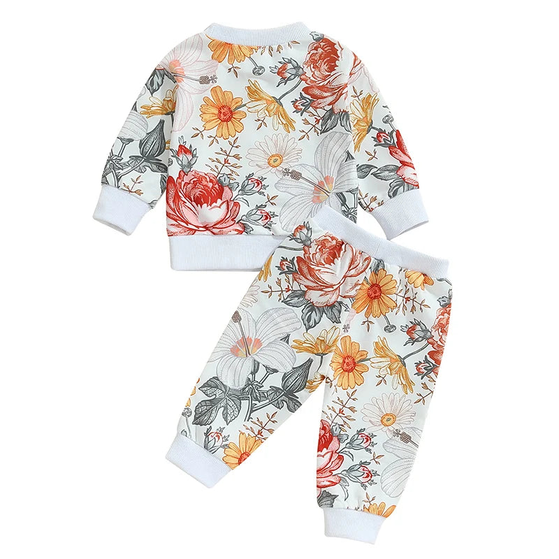 Baby Toddler Girls 2Pcs Fall Outfit Floral Flowers Print Long Sleeve Crewneck Top and Elastic Pants Set