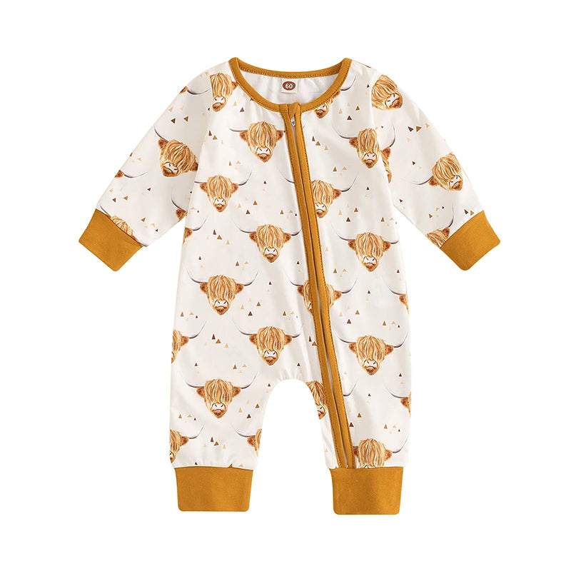 Baby Boys Girls Jumpsuit Long Sleeve Highland Cow Horse Print Fall Zipper Romper