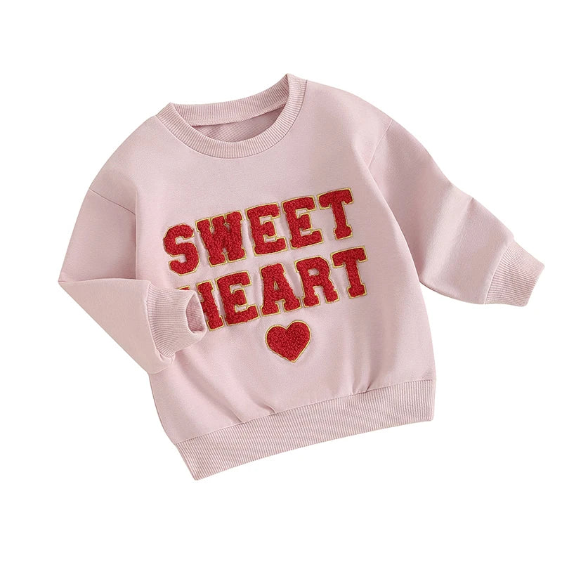 Baby Toddler Girls Valentine's Day Sweet Heart Letters Long Sleeve O-neck Embroidery Pullover Top