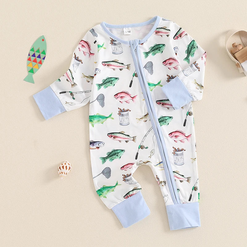 Baby Boys Girls Autumn Casual Romper Long Sleeve Crew Neck Fish Print Zipper Jumpsuit