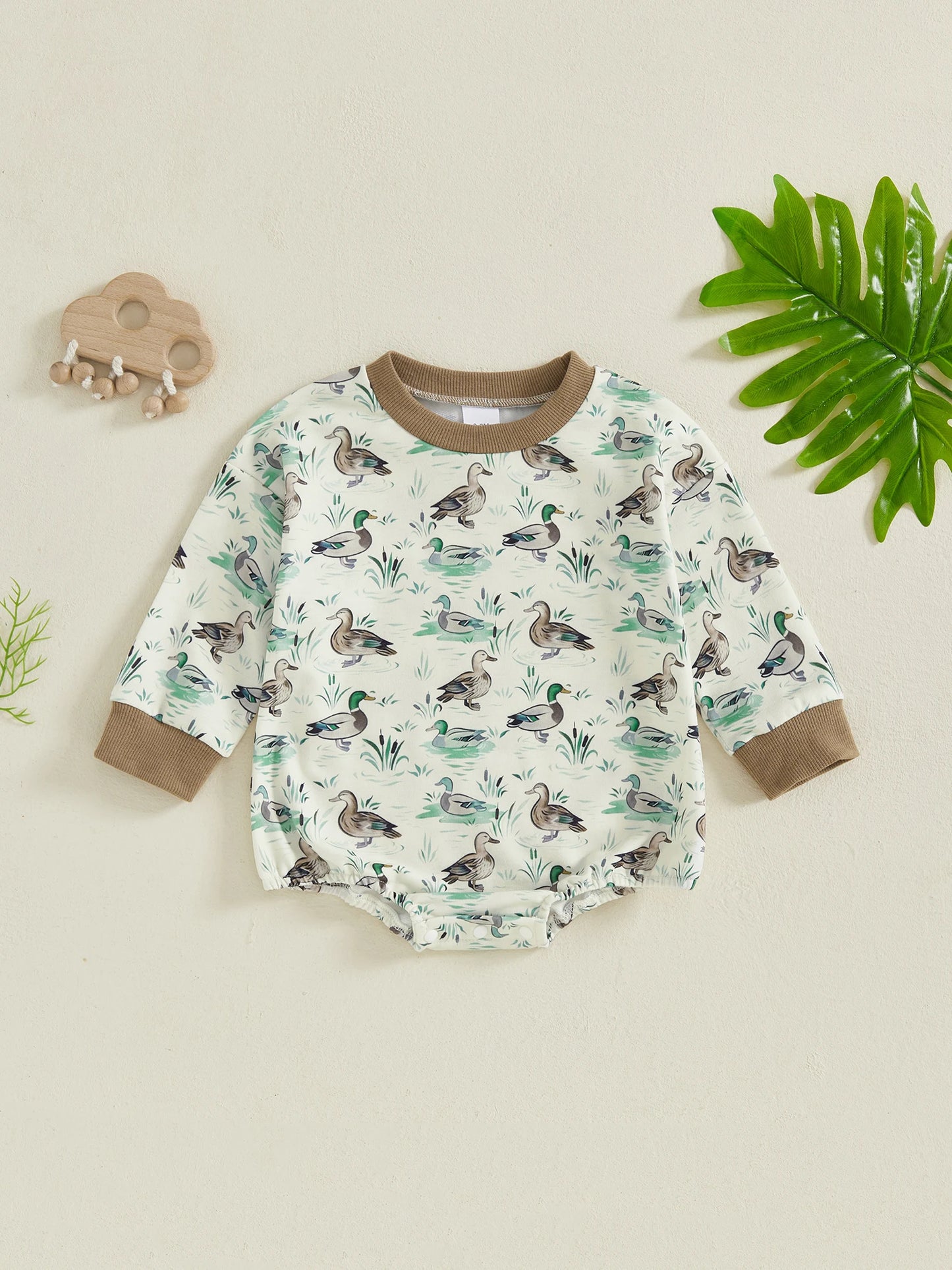 Baby Girls Boys Fall Romper Duck Print Long Sleeve Round Neck Bubble Jumpsuit