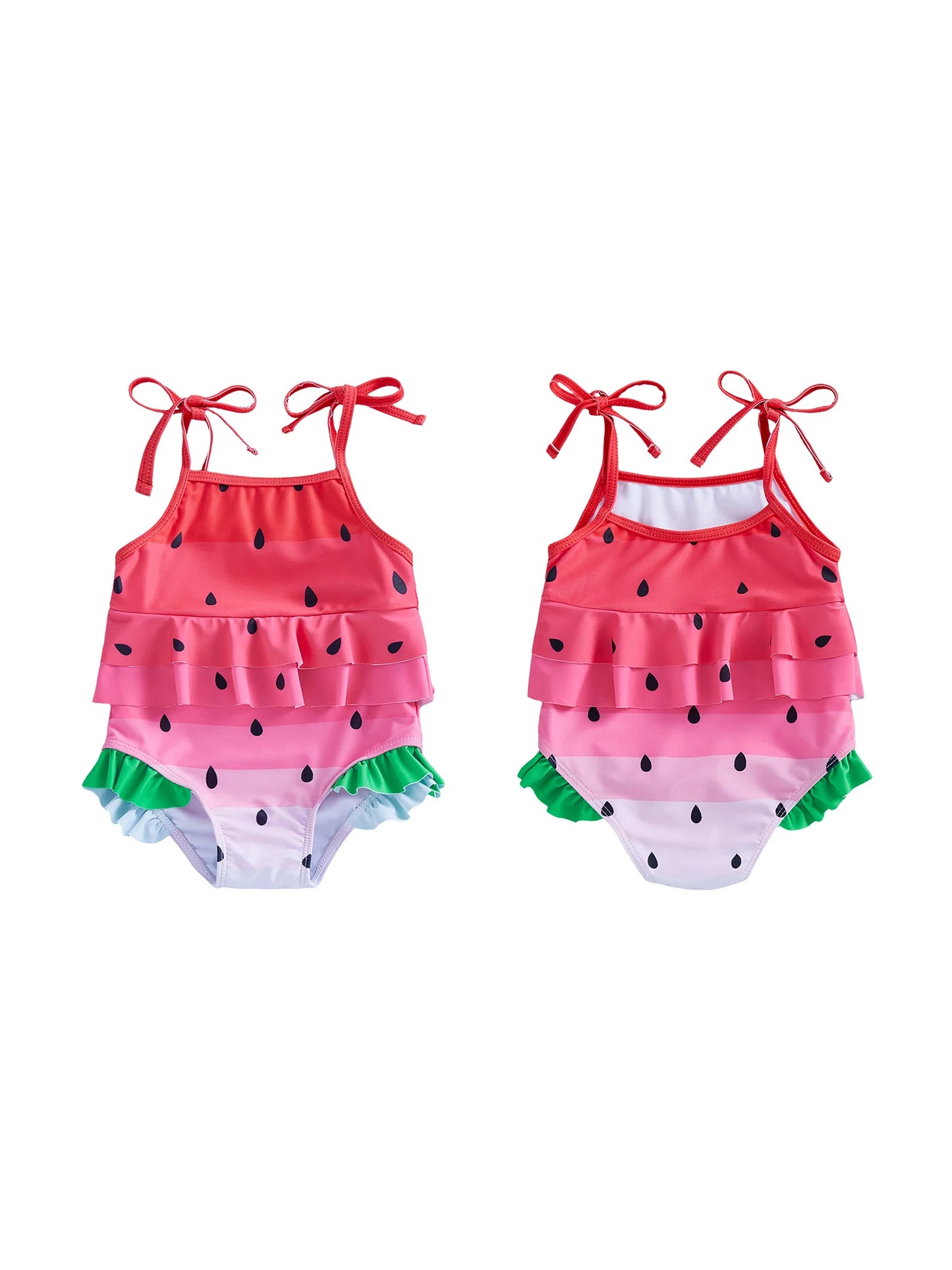 Baby Toddler Girl Swimsuit Summer Sleeveless Tie Straps Layered Ruffles Watermelon Swimwear Romper Bathing Suit