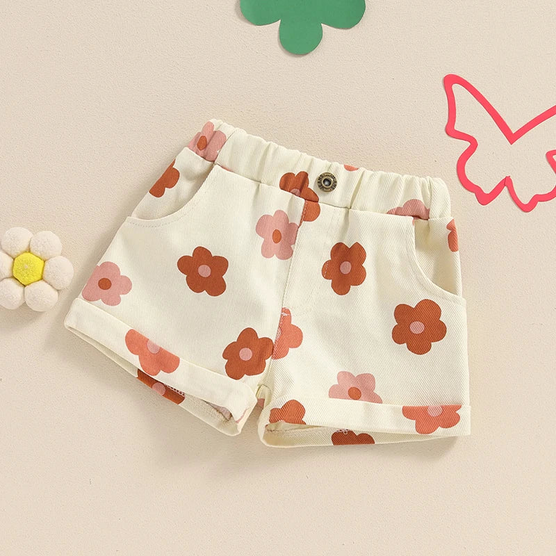 Baby Toddler Girls Summer Denim Shorts Elastic Waist Strawberry Floral Flowers Print Jean Shorts with Pockets