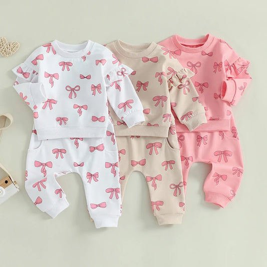 Baby Toddler Girls 2Pcs Spring Fall Outfit Long Sleeve Bow Print Ruffle Top + Pants Jogger Set