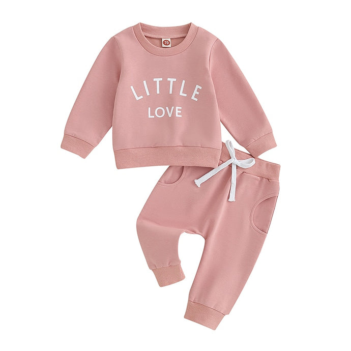 Baby Toddler Girls Boys 2Pcs Casual Fall Outfit Little Love Print Long Sleeve Crew Neck Top Pants