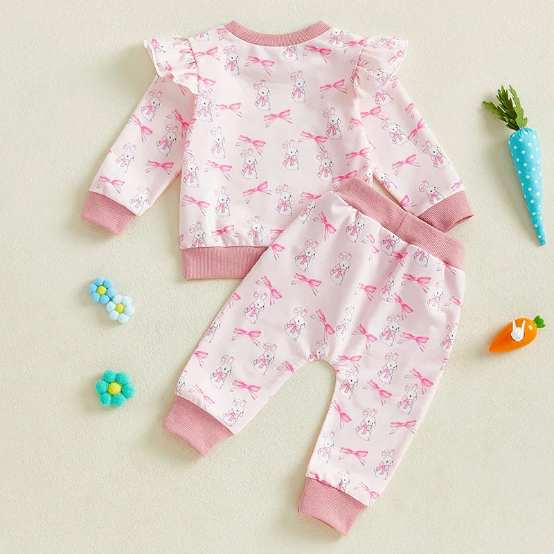 Baby Toddler Girls 2Pcs Easter Outfit Bow Bunny Rabbit Print Long Sleeve Top + Elastic Waist Long Pants Spring Set