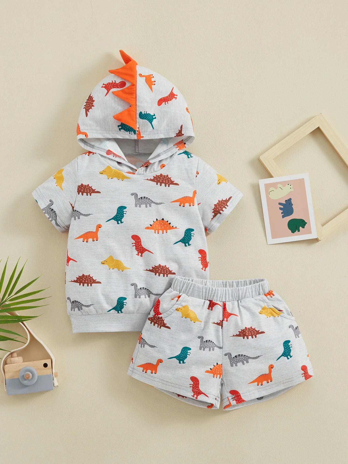 Toddler Kids Boys 2Pcs Dinosaur Outfit Cartoon Print Hooded Short Sleeve Top and Matching Elastic Waist Shorts Set