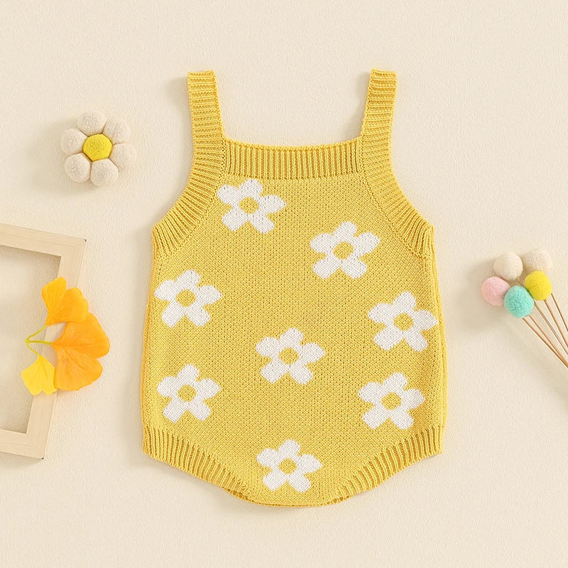 Baby Girl Summer Knit Romper Casual Floral Print Sleeveless Jumpsuit