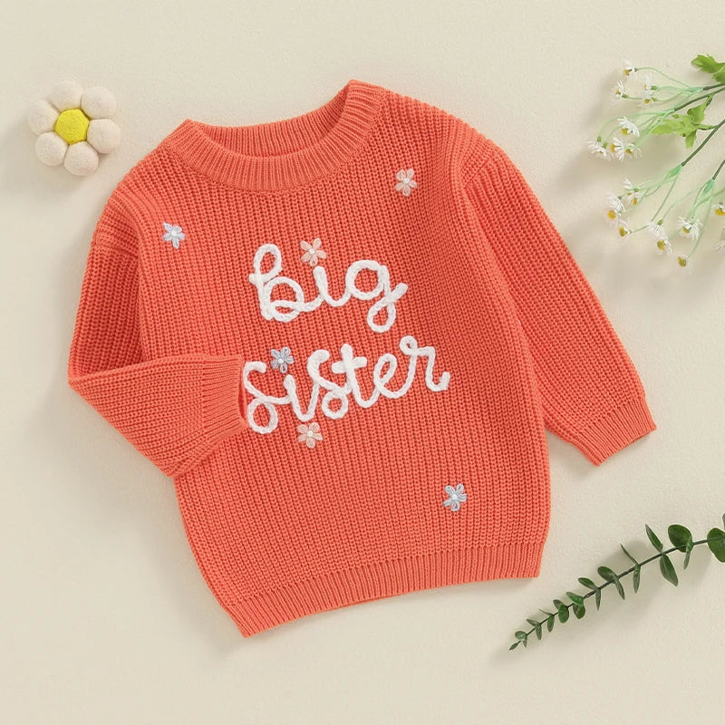 Toddler Kids Girl Big Sister Sweater Cute Long Sleeve Letter Embroidery Knit Pullover Loose Top