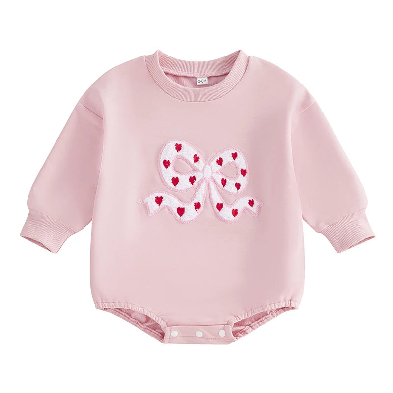 Baby Girl Bubble Romper Heart Bow Embroidery Long Sleeve Crew Neck Valentine's Day Jumpsuit