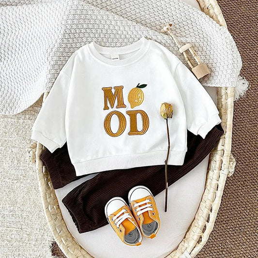 Baby Toddler Boys Girls 2Pcs Set Fruit Letters MOOD / LOVE / VIBE EmbroideryLong Sleeve Crewneck Top + Corduroy Pants Outfit