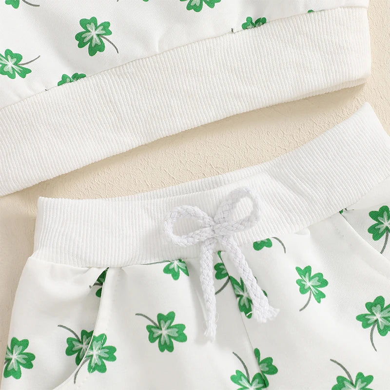 Baby Toddler Girls Boys 2Pcs St. Patrick's Day Outfit Four Leaf Clover Shamrock Print Long Sleeve Crewneck Top and Elastic Pants Jogger Set