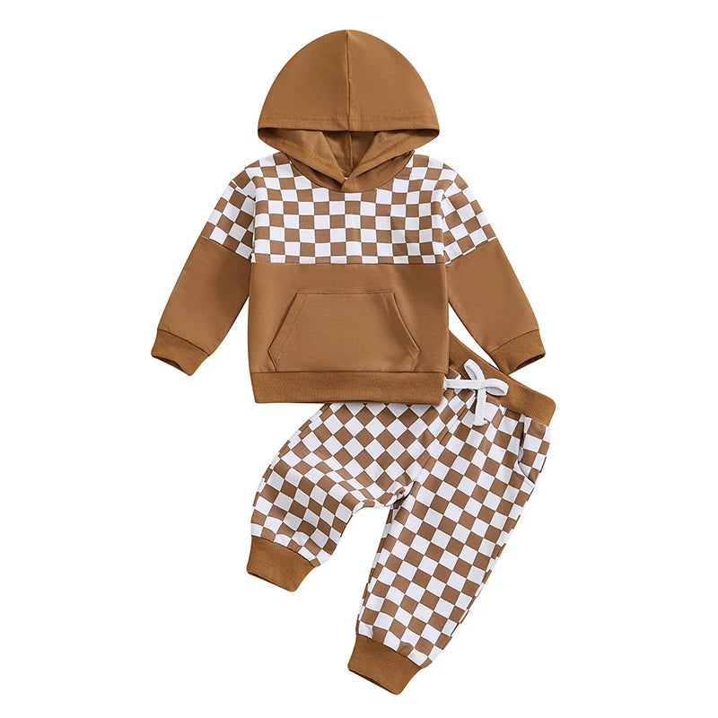 Baby Toddler Boys 2Pcs Outfit Checker Print Long Sleeve Hooded Top Hoodie with Elastic Waist Long Pants Jogger Set