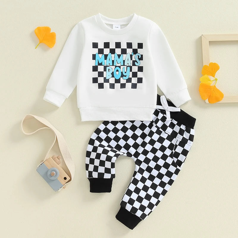 Baby Toddler Boys 2Pcs Mama's Boy Checkered Set Letter Print Long Sleeve Round Neck Top with Pocket Long Pants Outfit