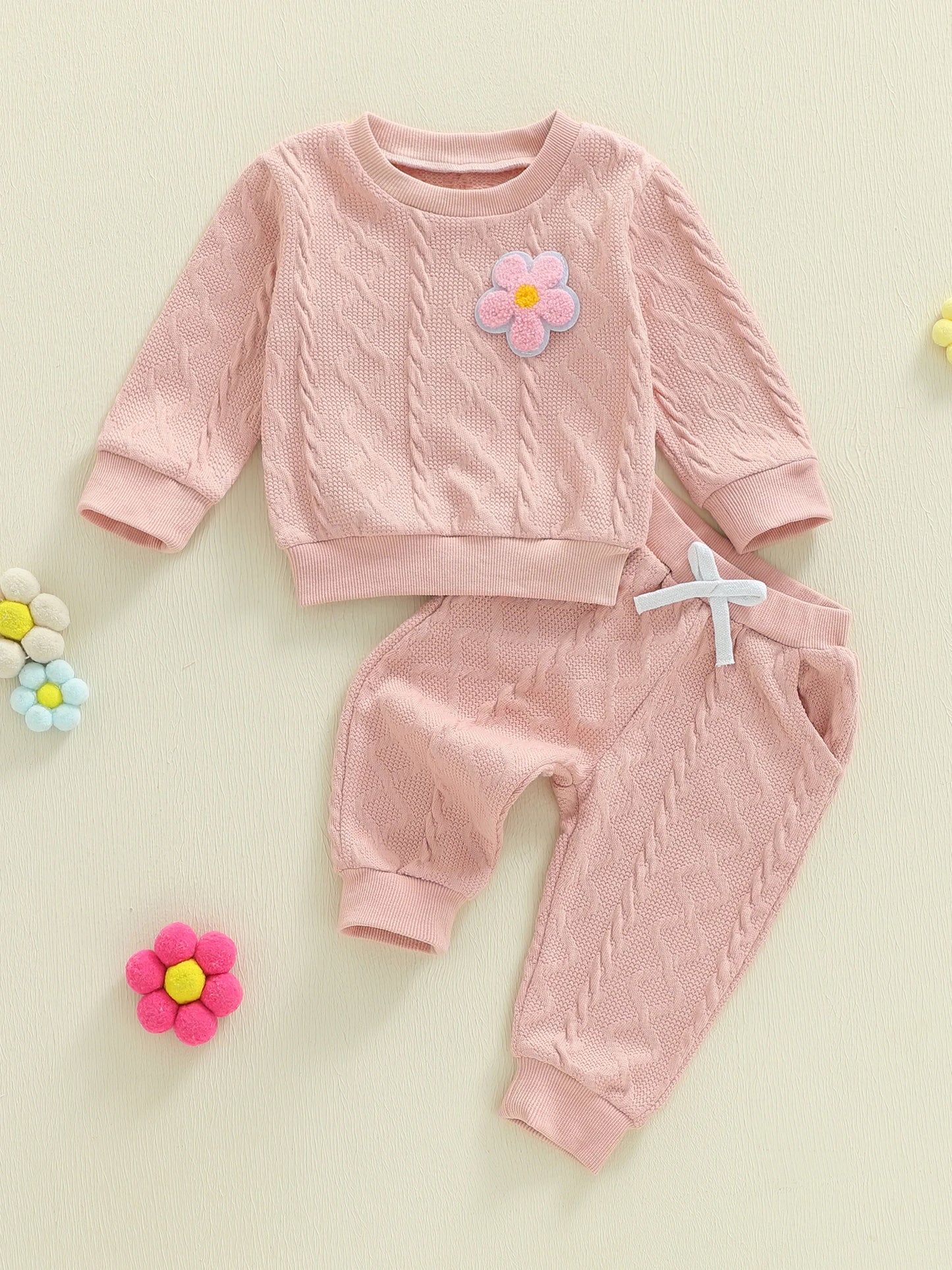 Baby Toddler Girls 2 Piece Outfits Creative Flower Embroidery Long Sleeve Crew Neck Top and Elastic Waist Pants Jogger Set