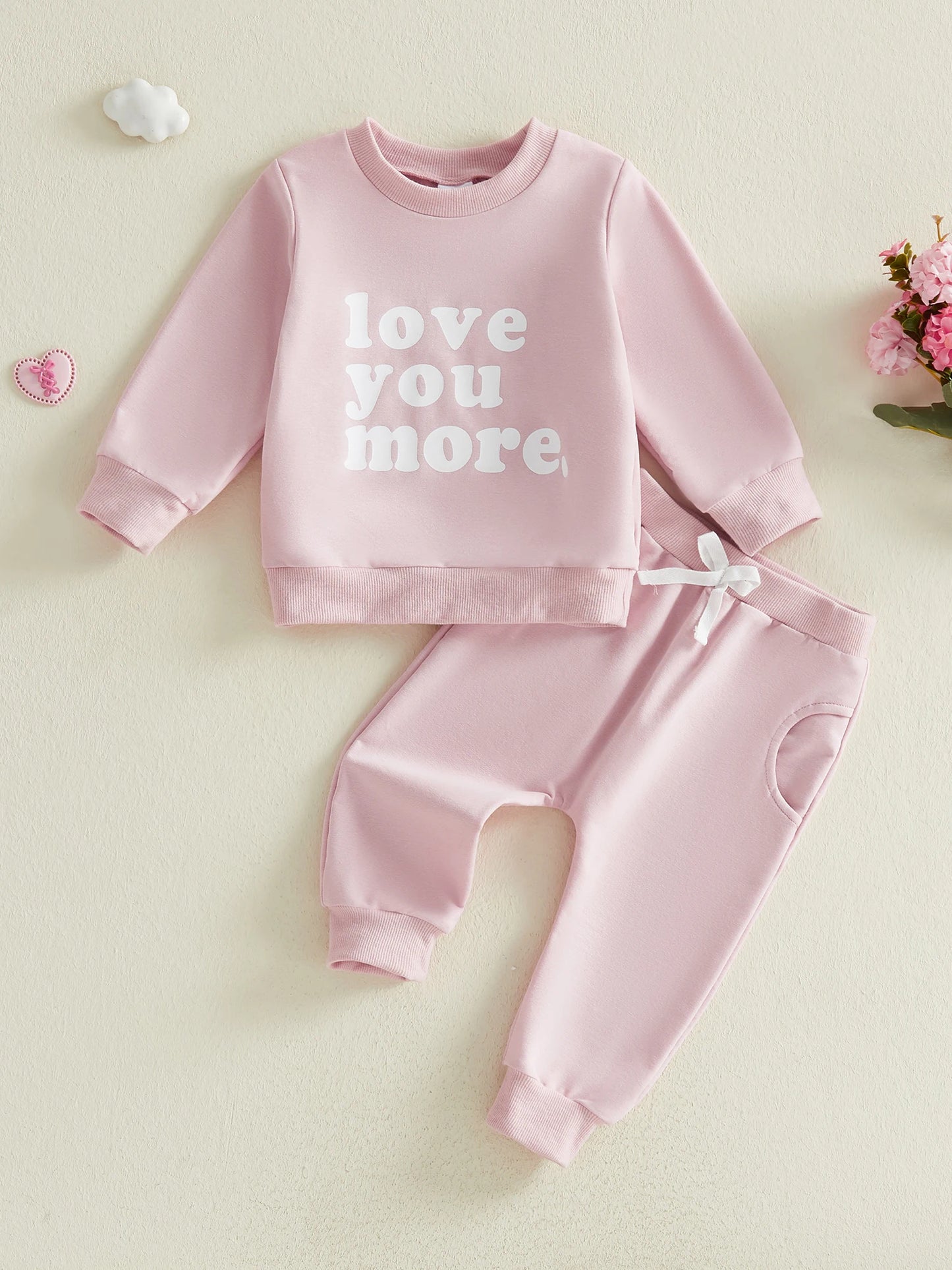 Baby Toddler Girls 2Pcs Love You More Spring Outfits Letter Print Crew Neck Long Sleeve Top and Pants Jogger Set