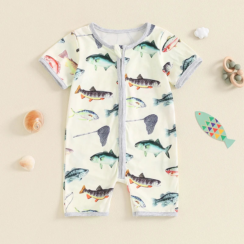 Baby Toddler Boy Girl Summer Romper Fish Print Short Sleeves Round Neck Front Zipper Jumpsuit