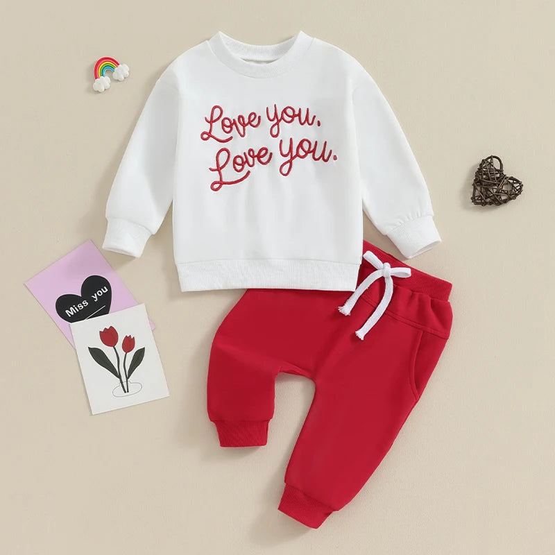 Baby Toddler Boy Girl 2Pcs Valentine's Day Clothes Love You Letter Embroidery Long Sleeve Top with Solid Color Pants Outfit Set