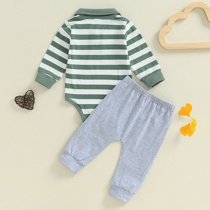 Baby Boys 2Pcs Fall Outfit Stripe Turn-Down Collar Long Sleeve Romper Elastic Waist Long Pants Set