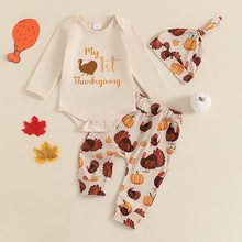 Load image into Gallery viewer, Baby Girls Boys 3Pcs My 1st First Thanksgiving Outfit Letter Print Long Sleeve Romper with Turkey Pattern Pants Set
