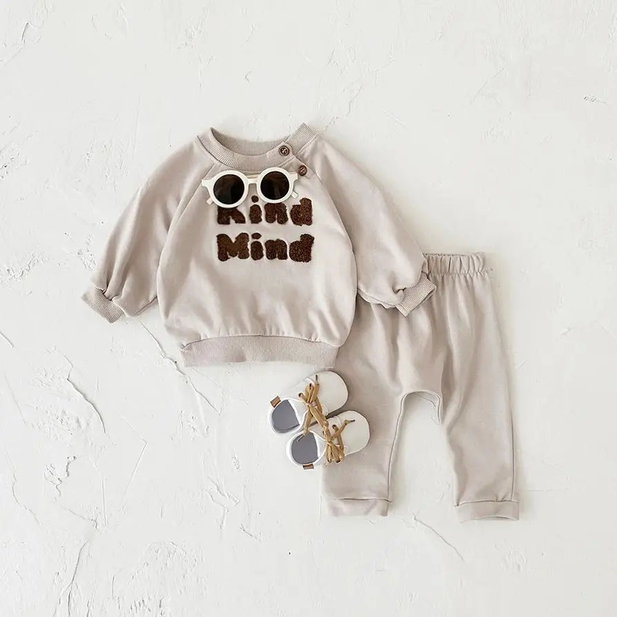 Baby Toddler Boys Girls 2Pcs Kind Mind Autumn Jogger Set Letter Embroidery Casual Long Sleeve Top + Pants Outfit