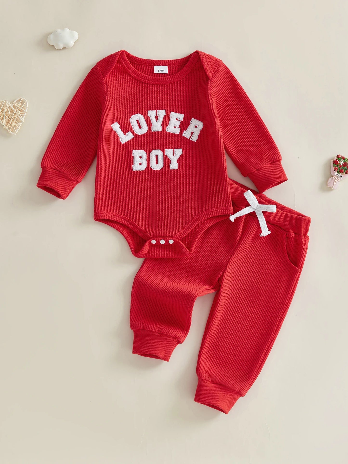 Baby Boys 2Pcs Lover Boy Valentine's Day Outfit Long Sleeve Crew Neck Letter Embroidery Romper Drawstring Jogger Pants Set