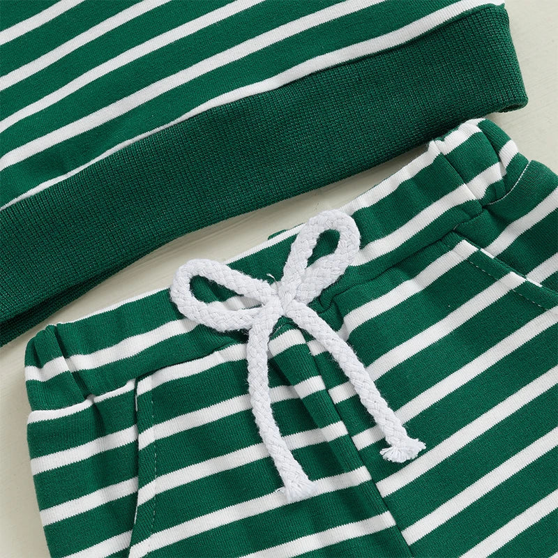 Baby Toddler Boys 2Pcs St. Patrick's Day Outfit Clover Embroidered Striped Long Sleeve Crewneck Top Joggers Pants Set