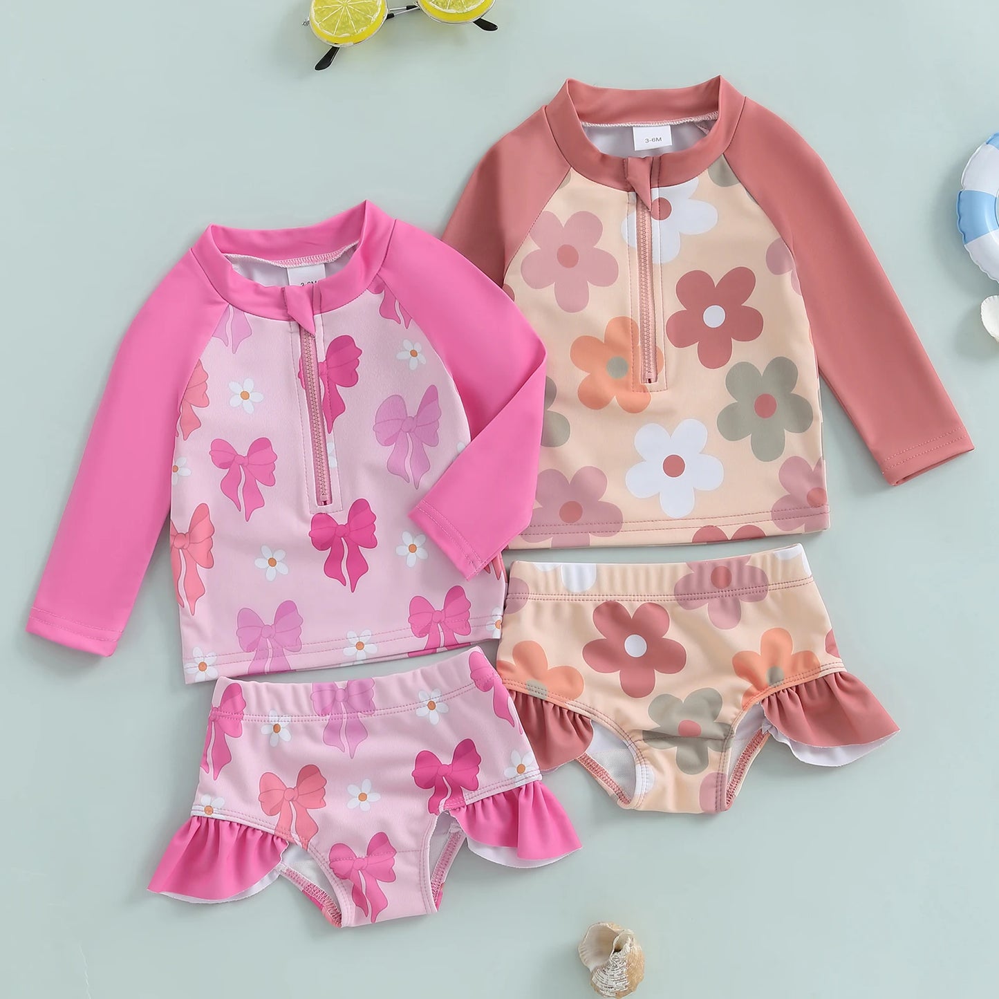 Baby Toddler Girls 2Pcs Summer Swimsuit Set Flower Bow Print Zip-up Rash Guard Long Sleeve Swim Top and Shorts Bathing Suit