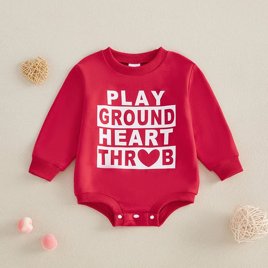 Baby Girls Boys Playground Heart Throwb Valentine's Day Bubble Romper Letter Heart Print Long Sleeve Crew Neck Jumpsuit