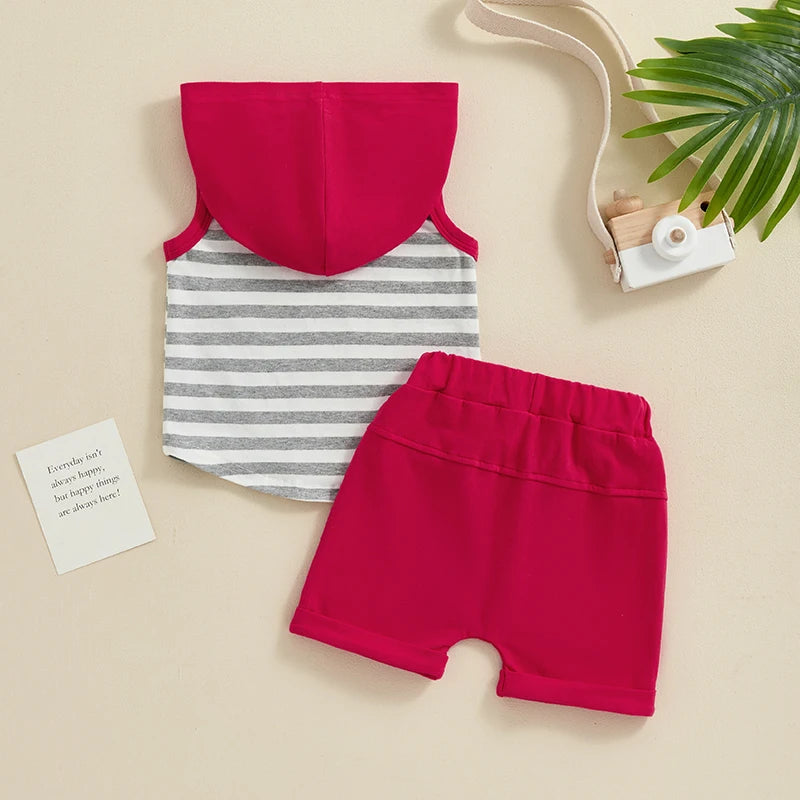 Toddler Baby Boy 2PCS Summer Set Striped Sleeveless Hooded Tank Top Elastic Waist Shorts Outfit