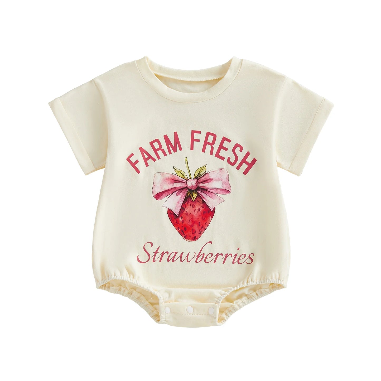 Baby Girls Farm Fresh Strawberries Summer Romper Fashionable Strawberry Letters Printed Short Sleeve Round Neck Jumpsuit