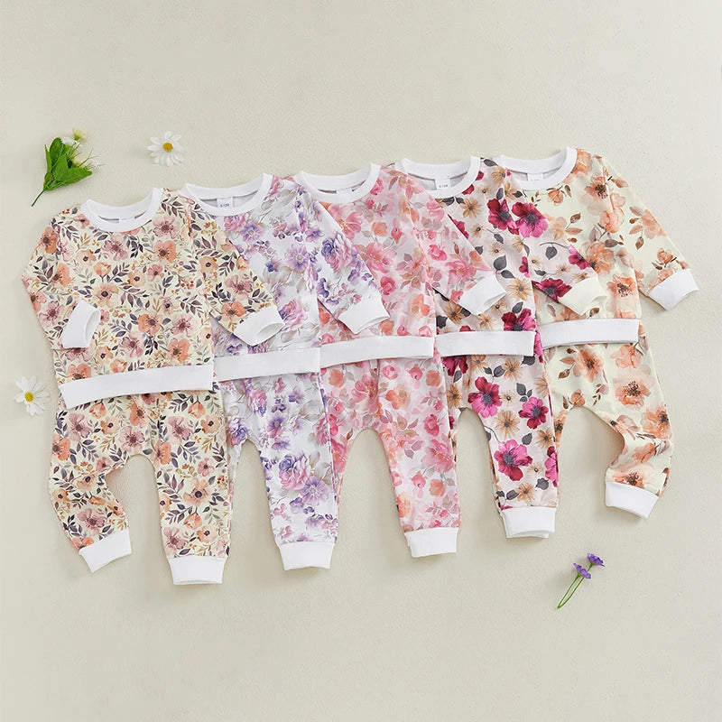 Baby Toddler Girl 2Pcs Spring Fall Outfit Long Sleeve Flower Print Top + Pants Jogger Set