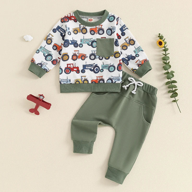 Baby Toddler Boys 2Pcs Set Long Sleeve Crew Neck Tractor Print Top with Elastic Waist Pants Outfit