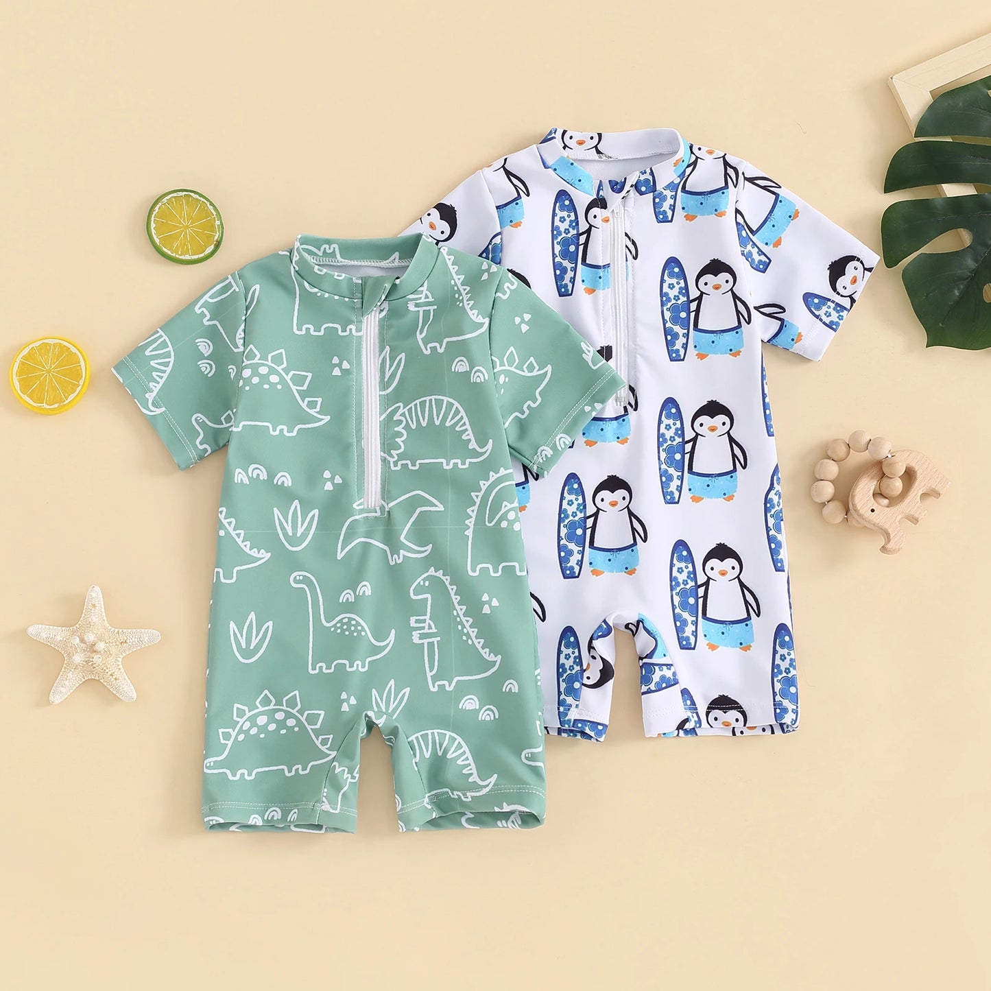 Baby Toddler Boy's Swimwear Short Sleeve Dinosaur Penguin Print Half Zip Up Rash Guard Bathing Suit