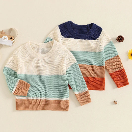 Baby Toddler Boys Girls Sweater Casual Contrast Color Stripes Warm Knitted Long Sleeve Pullover Top